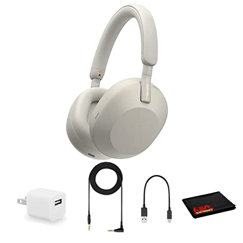 Sony WH-1000XM5 Noise-Canceling Wireless Over-Ear Headphones (Silver), 30 Hours Playback Time, Hands-Free Calling, Alexa Voice Control - Kit with Charging Cube