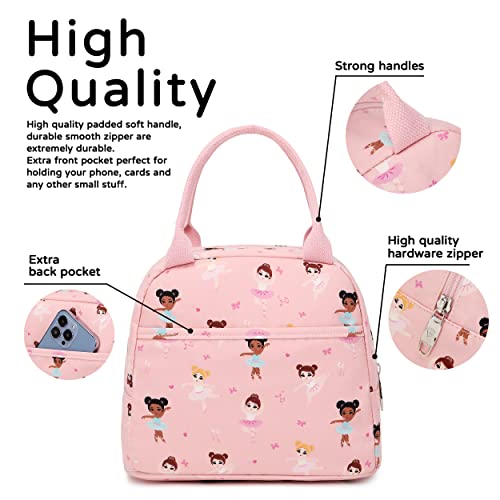 Lunch Bag Kids Girls Women Pink Lunchbag Cute Insulated Teens Cooler Tote Bag Reusable Adult Thermal Lunch Box for School Work Travel Picnic Hiking Beach (Pink Ballerine)