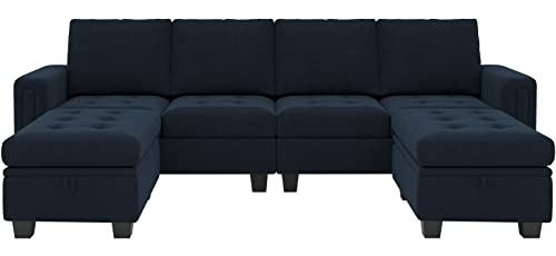 Belffin Velvet U Shaped Sectional Sofa Couch with Storage Ottoman Convertibel Sectional Sofa with Reversible Chaises Blue