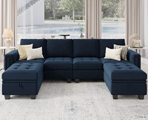 belffin velvet u shaped sectional sofa couch with storage ottoman convertibel sectional sofa with reversible chaises blue