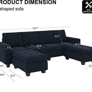 Belffin Velvet U Shaped Sectional Sofa Couch with Storage Ottoman Convertibel Sectional Sofa with Reversible Chaises Blue