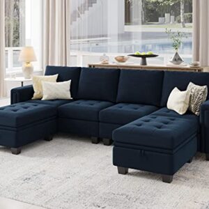 Belffin Velvet U Shaped Sectional Sofa Couch with Storage Ottoman Convertibel Sectional Sofa with Reversible Chaises Blue