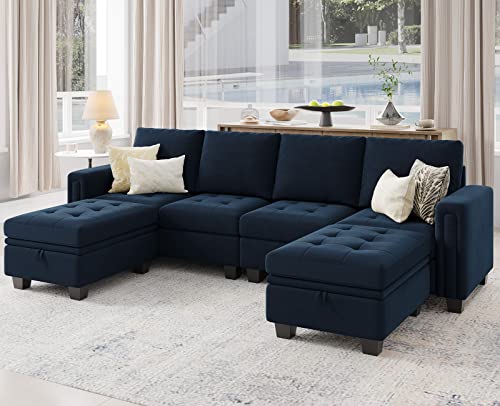 Belffin Velvet U Shaped Sectional Sofa Couch with Storage Ottoman Convertibel Sectional Sofa with Reversible Chaises Blue