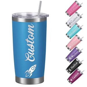 personalized water bottles with straw 20oz custom stainless steel sports water bottle with engraved name text customized insulated double wall water bottles for school sports(blue)