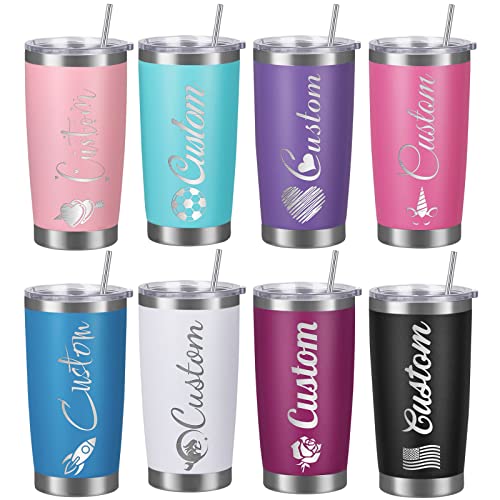 Personalized Water Bottles with Straw 20oz Custom Stainless Steel Sports Water Bottle with Engraved Name Text Customized Insulated Double Wall Water Bottles for School Sports(Blue)