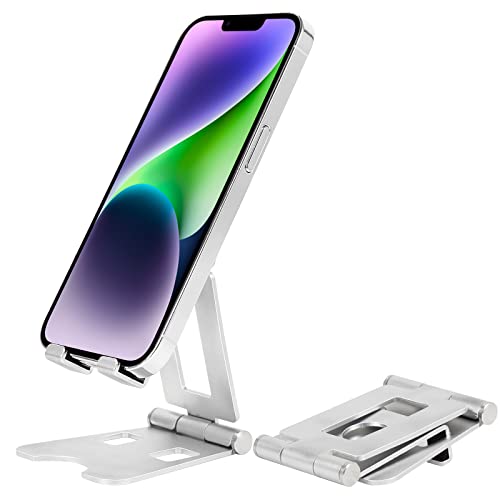 Desktop Cell Phone Stand for Up and Down Angle Height Adjustable Desk Sturdy Aluminum Metal Phone Holder for iPhone,MiniIpad, Mobile Phone, All Android Smartphone,Silver