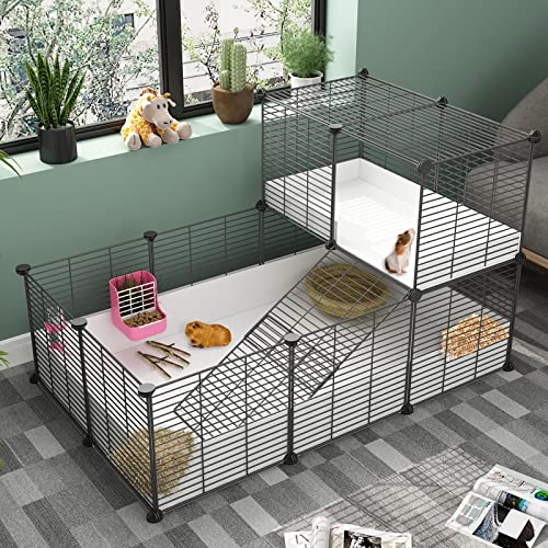 Eiiel Guinea Pig Cages,Indoor Habitat Cage with Waterproof Plastic Bottom,Playpen for Small Pet Bunny, Turtle, Hamster, black, EL-440+442+443 C