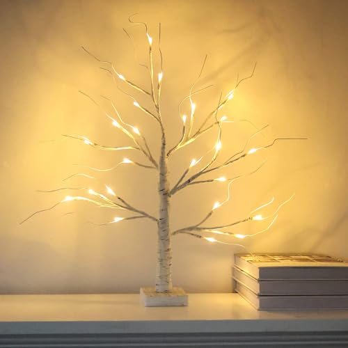 hogardeck 2FT 24LT Led Lighted Birch Tree, White Money Artificial Tree for Christmas Decorations Indoor, Battery Powered Timer Xmas Winter Home Wedding Mantle Desk Table Top Centerpieces Decor