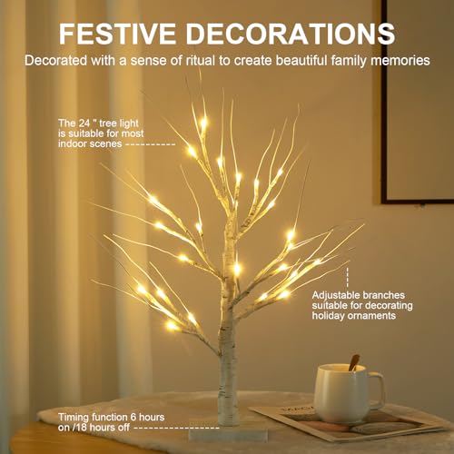 hogardeck 2FT 24LT Led Lighted Birch Tree, White Money Artificial Tree for Christmas Decorations Indoor, Battery Powered Timer Xmas Winter Home Wedding Mantle Desk Table Top Centerpieces Decor