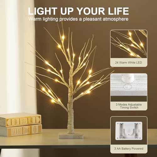 hogardeck 2FT 24LT Led Lighted Birch Tree, White Money Artificial Tree for Christmas Decorations Indoor, Battery Powered Timer Xmas Winter Home Wedding Mantle Desk Table Top Centerpieces Decor