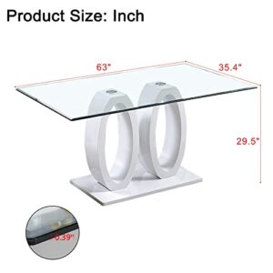 Modern Tempered Glass Dining Table for 6 Persons, 63'' Rectangilar Dining Room Table with Dual O-Shaped High Glossy Wood Base, Elegant Kitchen Table Versatile Glass Table for Home (White)