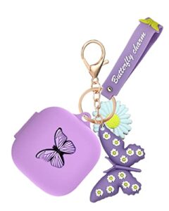case for beats fit pro with wristlet keychain, cute cartoon butterfly charm soft silicone charging case with wrist strap anti-lost cover for beats fit pro x 2021/2022, gift for women girl (purple)