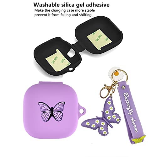 Case for Beats Fit Pro with Wristlet Keychain, Cute Cartoon Butterfly Charm Soft Silicone Charging Case with Wrist Strap Anti-Lost Cover for Beats Fit Pro X 2021/2022, Gift for Women Girl (Purple)