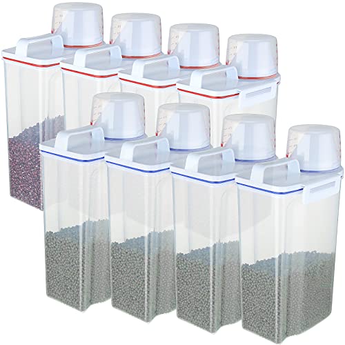 8 Pcs Cereal Rice Storage Container Set 5.5 Lbs Clear Airtight Dry Food Container Plastic Cereal Dispenser with Measuring Cup for Kitchen Flour Grain Pasta Pantry Organization Oatmeal, Red and Blue