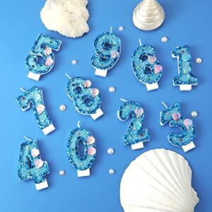 3 Inch Shell Birthday Number Candle, Glitter Number Candle Cake Topper Shell Sequins Cake Numeral for Birthday Wedding Anniversary Mermaid Themed Party (Blue, 7)