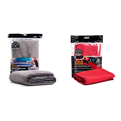 Chemical Guys MIC1995 Gray Woolly Mammoth Microfiber Dryer Towel (36" x 25") & MIC707 Waffle Weave Glass and Window Microfiber Towel, Red (24" x 16")