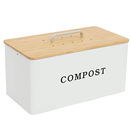 Gdfjiy Compost Bin Kitchen, Indoor Compost Bucket, Rectangle Compost Bin with Wooden Lid, 2 Gallon Capacity for Home Compost Tumbler, Kitchen Waste Garbage Can, Includes 4 Charcoal Filters (White)