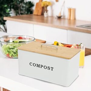 Gdfjiy Compost Bin Kitchen, Indoor Compost Bucket, Rectangle Compost Bin with Wooden Lid, 2 Gallon Capacity for Home Compost Tumbler, Kitchen Waste Garbage Can, Includes 4 Charcoal Filters (White)