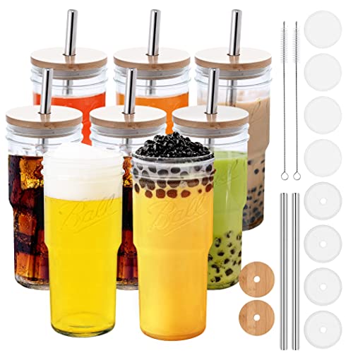 CRTWDMAN 8 Pack Glass Cups Iced Coffee Cups Mason Jars 24oz Drinking Glasses Tumbler with Bamboo Lids and Straws Beer Glass Smoothie Cups for Boba Bubble Tea soda Juice