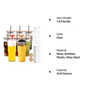 CRTWDMAN 8 Pack Glass Cups Iced Coffee Cups Mason Jars 24oz Drinking Glasses Tumbler with Bamboo Lids and Straws Beer Glass Smoothie Cups for Boba Bubble Tea soda Juice