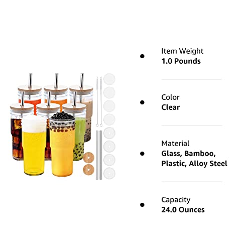 CRTWDMAN 8 Pack Glass Cups Iced Coffee Cups Mason Jars 24oz Drinking Glasses Tumbler with Bamboo Lids and Straws Beer Glass Smoothie Cups for Boba Bubble Tea soda Juice