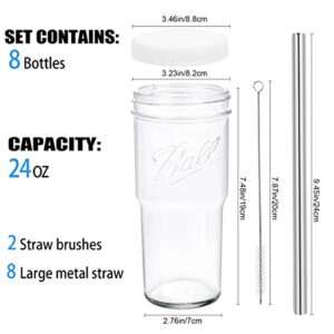 CRTWDMAN 8 Pack Glass Cups Iced Coffee Cups Mason Jars 24oz Drinking Glasses Tumbler with Bamboo Lids and Straws Beer Glass Smoothie Cups for Boba Bubble Tea soda Juice