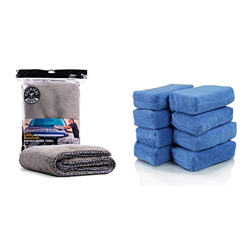 Chemical Guys MIC1995 Gray Woolly Mammoth Microfiber Dryer Towel (36" x 25") & MIC_292_08 Premium Grade Microfiber Applicators, Blue (Pack of 8)