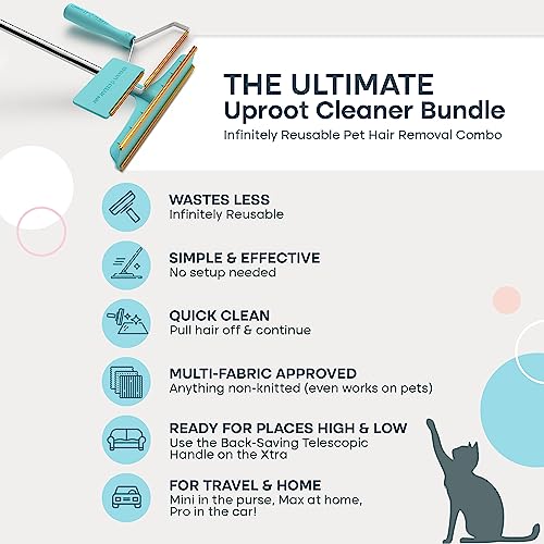 Uproot Clean Pro Pet Hair Remover Bundled with Mini Pet Hair Remover for Couch & Xtra Carpet Rake for Pet Hair Removal - Dog Hair Remover for Car - A True Fur-Riccane Survival Kit!