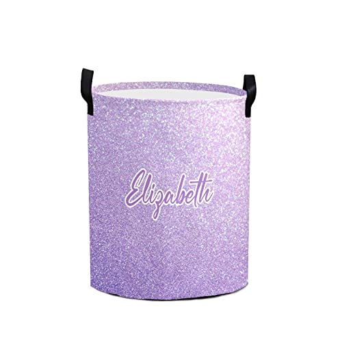 Light Glitter Purple Personalized Waterproof Foldable Laundry Basket Bag with Handle, Custom Collapsible Clothes Hamper Storage Bin for Toys Laundry Dorm Travel Bathroom