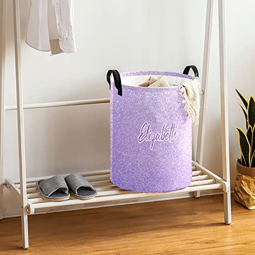 Light Glitter Purple Personalized Waterproof Foldable Laundry Basket Bag with Handle, Custom Collapsible Clothes Hamper Storage Bin for Toys Laundry Dorm Travel Bathroom