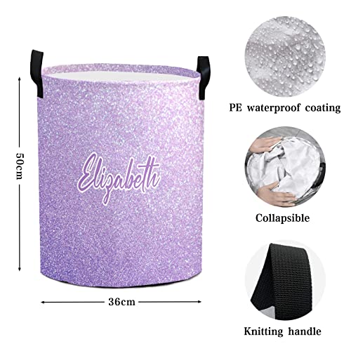 Light Glitter Purple Personalized Waterproof Foldable Laundry Basket Bag with Handle, Custom Collapsible Clothes Hamper Storage Bin for Toys Laundry Dorm Travel Bathroom