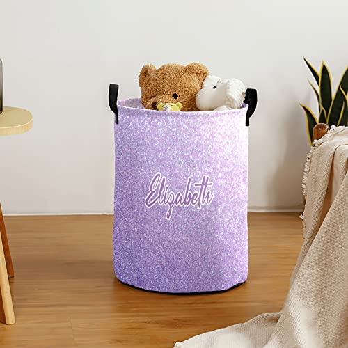 Light Glitter Purple Personalized Waterproof Foldable Laundry Basket Bag with Handle, Custom Collapsible Clothes Hamper Storage Bin for Toys Laundry Dorm Travel Bathroom