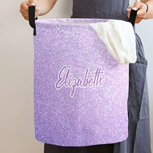 Light Glitter Purple Personalized Waterproof Foldable Laundry Basket Bag with Handle, Custom Collapsible Clothes Hamper Storage Bin for Toys Laundry Dorm Travel Bathroom