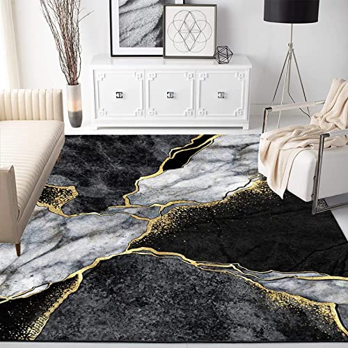 Black Grey Gold Marble Pattern Area Rug, Vintage Modern Bedroom Carpet, Upholstery Rug Non-Slip Machine Washable Non-Shedding for Living Room Bedroom - 5ft x 7ft