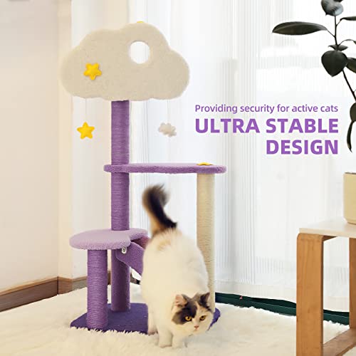 Mora Pets Cat Tree Cute for Indoor Cats Purple Cat Tower 46.5 inch Tall Unique Cat Tree with Sisal Scratching Posts Multi-Level Cloud Moon Cat Tower for Small Large Cats Kitty Kittens