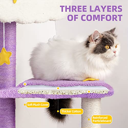 Mora Pets Cat Tree Cute for Indoor Cats Purple Cat Tower 46.5 inch Tall Unique Cat Tree with Sisal Scratching Posts Multi-Level Cloud Moon Cat Tower for Small Large Cats Kitty Kittens