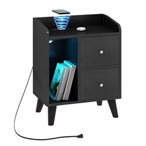 saudism led nightstand with wireless charging station, rgb lights night stands for bedroom, smart charging bedside table end table with two drawers and open shelves (black)