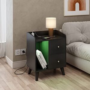 Saudism LED Nightstand with Wireless Charging Station, RGB Lights Night Stands for Bedroom, Smart Charging Bedside Table End Table with Two Drawers and Open Shelves (Black)