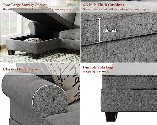 Ucloveria Sofas & Couches, Modern U-Shaped Sectional Sofa with Sleeper Sofa Bed and Double Storage Spaces, 3 Pillows Included, Reversible Chaise for Living Room Furniture Sets, Gray