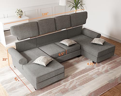 Ucloveria Sofas & Couches, Modern U-Shaped Sectional Sofa with Sleeper Sofa Bed and Double Storage Spaces, 3 Pillows Included, Reversible Chaise for Living Room Furniture Sets, Gray