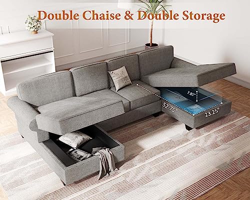 Ucloveria Sofas & Couches, Modern U-Shaped Sectional Sofa with Sleeper Sofa Bed and Double Storage Spaces, 3 Pillows Included, Reversible Chaise for Living Room Furniture Sets, Gray