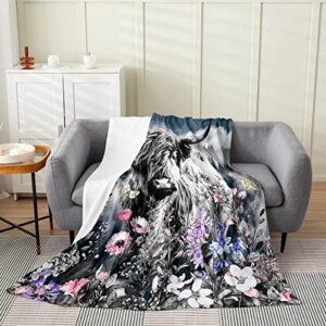 erosebridal highland cow flower blanket queen 90x90 bull cattle throw blanket western funny animal fleece blanket stuffing wildlife farmhouse cow bed blanket mountain with firforest bedroom decor