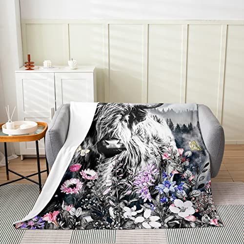 Erosebridal Highland Cow Flower Blanket Queen 90x90 Bull Cattle Throw Blanket Western Funny Animal Fleece Blanket Stuffing Wildlife Farmhouse Cow Bed Blanket Mountain with Firforest Bedroom Decor