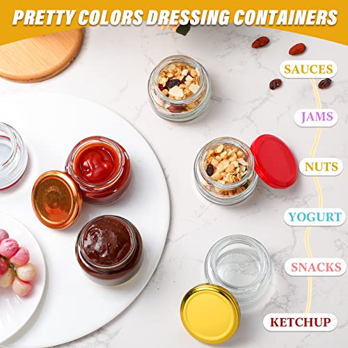 10 Pcs 3.4 oz Glass Condiment Containers with Metal Lids Small Salad Dressing Container to Go Leakproof Salad Jars with Lids Reusable Glass Containers with Lids for Food Sauce Picnic Travel, 5 Colors
