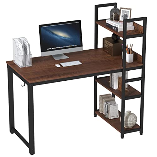 Napnapday 55 inch Computer Desk with Shelves, Desk with Storage Bookshelf Writing Table for Gaming Home Office Bedroom, Mahogany