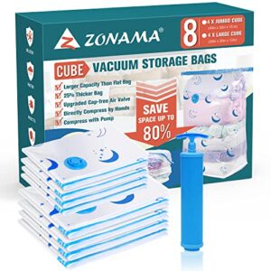 cube vacuum storage bags, 8 pack(4 jumbo+ 4 large) space saver bags with hand pump, vacuum compression sealer storage bags for clothes, mattress, blanket, duvets, pillows, comforters,travel, moving