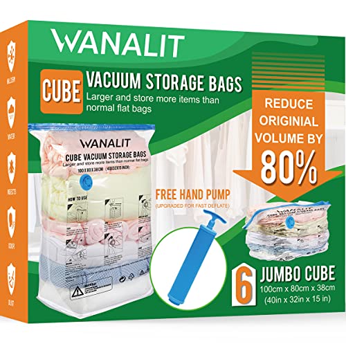 Cube Vacuum Storage Bags, 6 Pack Jumbo Cube Size Vacuum Sealer Compression Space Saver Bag for Clothes, Comforters, Blanket, Duvets, Pillows, Quilt, Travel, Hand Pump with Sealing Ring Included