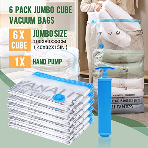 Cube Vacuum Storage Bags, 6 Pack Jumbo Cube Size Vacuum Sealer Compression Space Saver Bag for Clothes, Comforters, Blanket, Duvets, Pillows, Quilt, Travel, Hand Pump with Sealing Ring Included