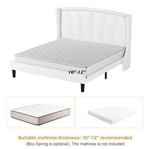Full Size Bed Frame Upholstered Queen Bed Frame with Faux Leather Headbaord Modern Deluxe Wingback, Mattress Foundation Wood Slat Support Platform Bed No Box Spring Needed, Easy Assembly, White