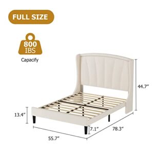Full Size Bed Frame Upholstered Queen Bed Frame with Faux Leather Headbaord Modern Deluxe Wingback, Mattress Foundation Wood Slat Support Platform Bed No Box Spring Needed, Easy Assembly, White